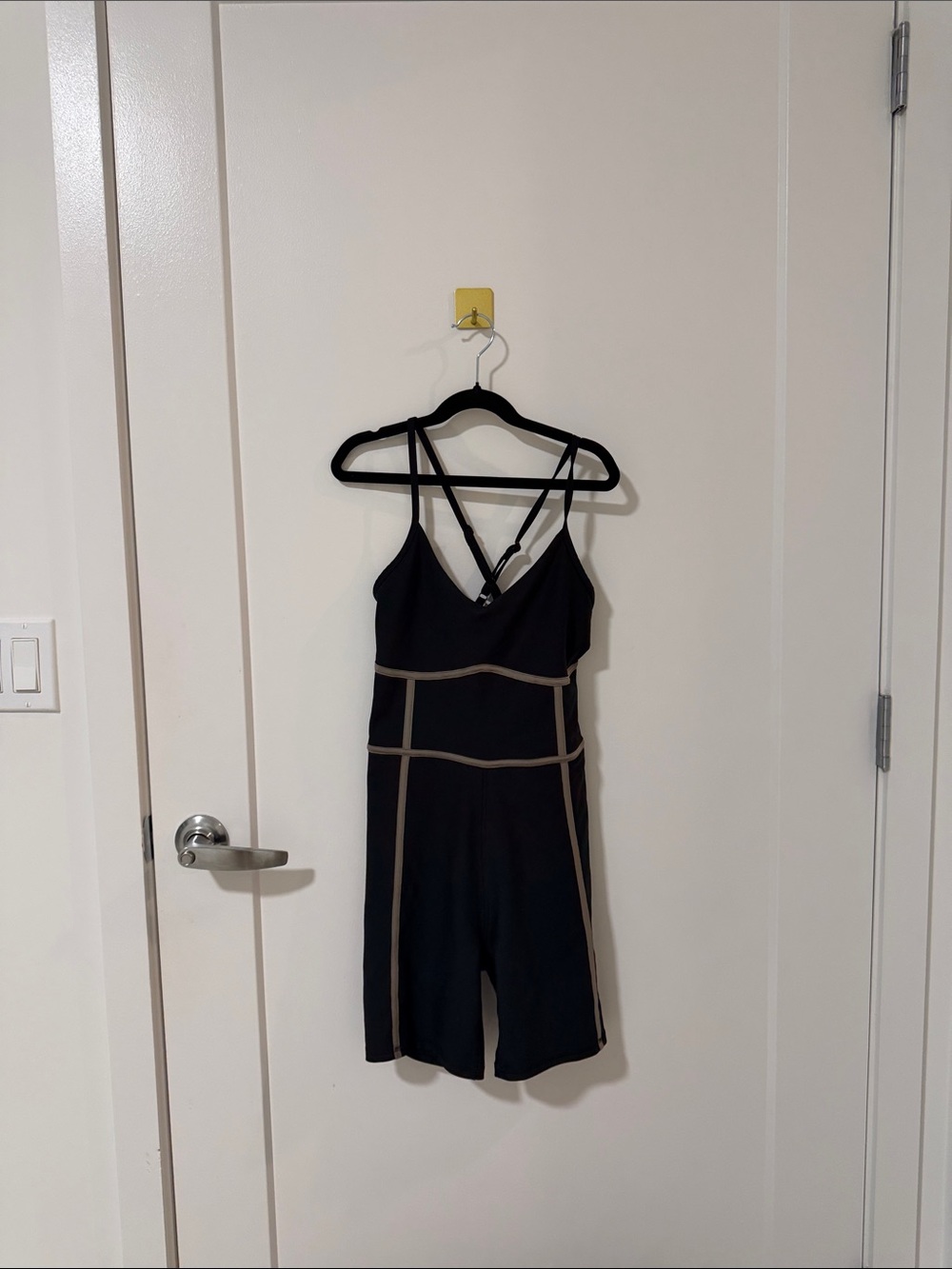 Black Shapewear Romper with Tan Contrast Piping